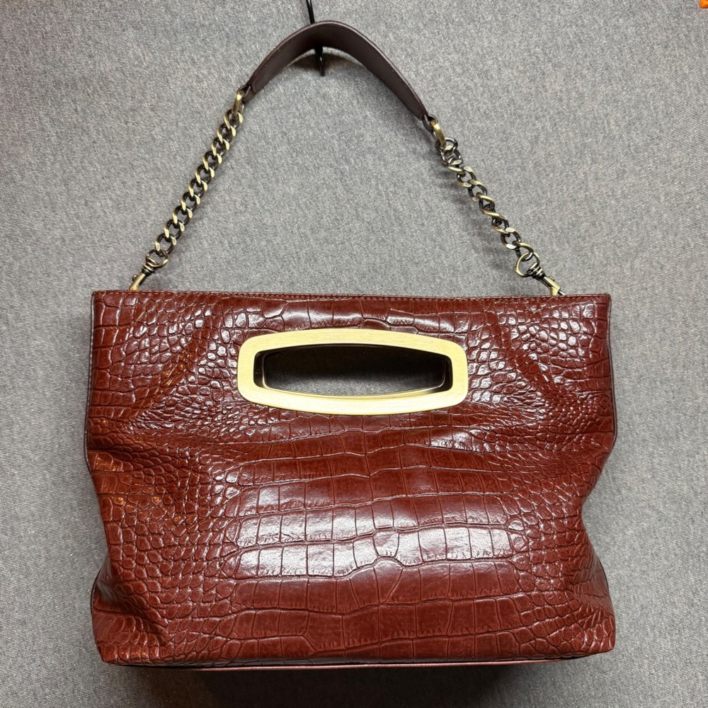 Liz Claiborne Shoulder Bag Croc Embossed Chain Strap Large Clutch Bag Brown